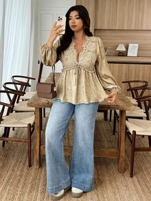 Weeklong Plus Size Women Lace & Foil Decor Tie Waist V-Neck Long Sleeve Blouse, Suitable For Daily, Party, Event - Gold - View 5