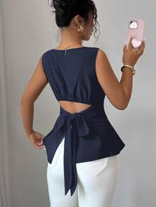 Elenzga Blusa elegante de unicolor con cuello redondo y dobladillo con volantes para uso diario - Azul Marino - Ver 6