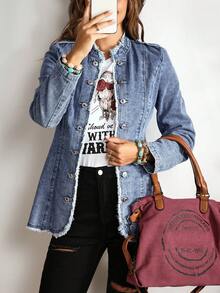 EMERY ROSE Raw Trim Button Front Denim Jacket - Blue - View 1