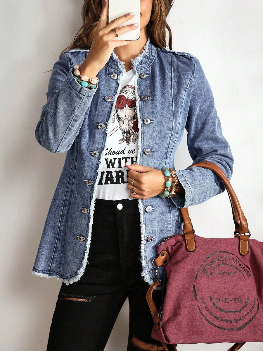 EMERY ROSE Raw Trim Button Front Denim Jacket - Blue - View 1