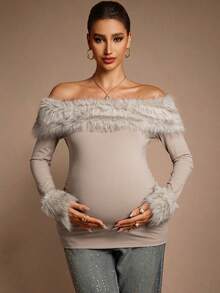 MaterniChic Autumn And Winter Maternity Patchwork Fuzzy Trim Off-Shoulder Fitted Long Sleeve T-Shirt, Autumn Sexy Maternity Dress Pregnancy Clothing Maternity Dress For Photoshoot Maternity Clothes Fall Winter Maternity Baby Shower Dress