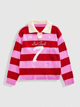 Street Life Suéter de manga larga con rayas bordadas para hombre, corte holgado y acortado