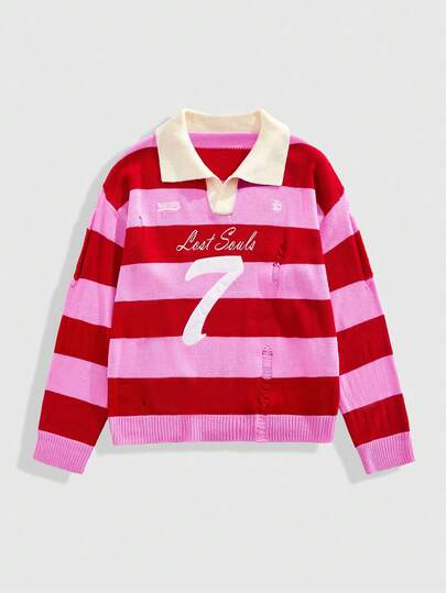 Street Life Suéter de manga larga con rayas bordadas para hombre, corte holgado y acortado