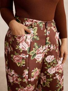 EMERY ROSE Plus Size Women Vintage Minimalist High Waist Elegant Digital Print Long Casual Pants, Winter - Brown - View 5
