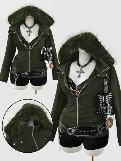 Sweetra Plus Size Autumn/Winter Turndown Collar Hooded Faux Fur Open Front Metal Zipper Real Pockets Long Sleeve Rivet Elegant Vintage Cute Punk Casual Jacket Coat