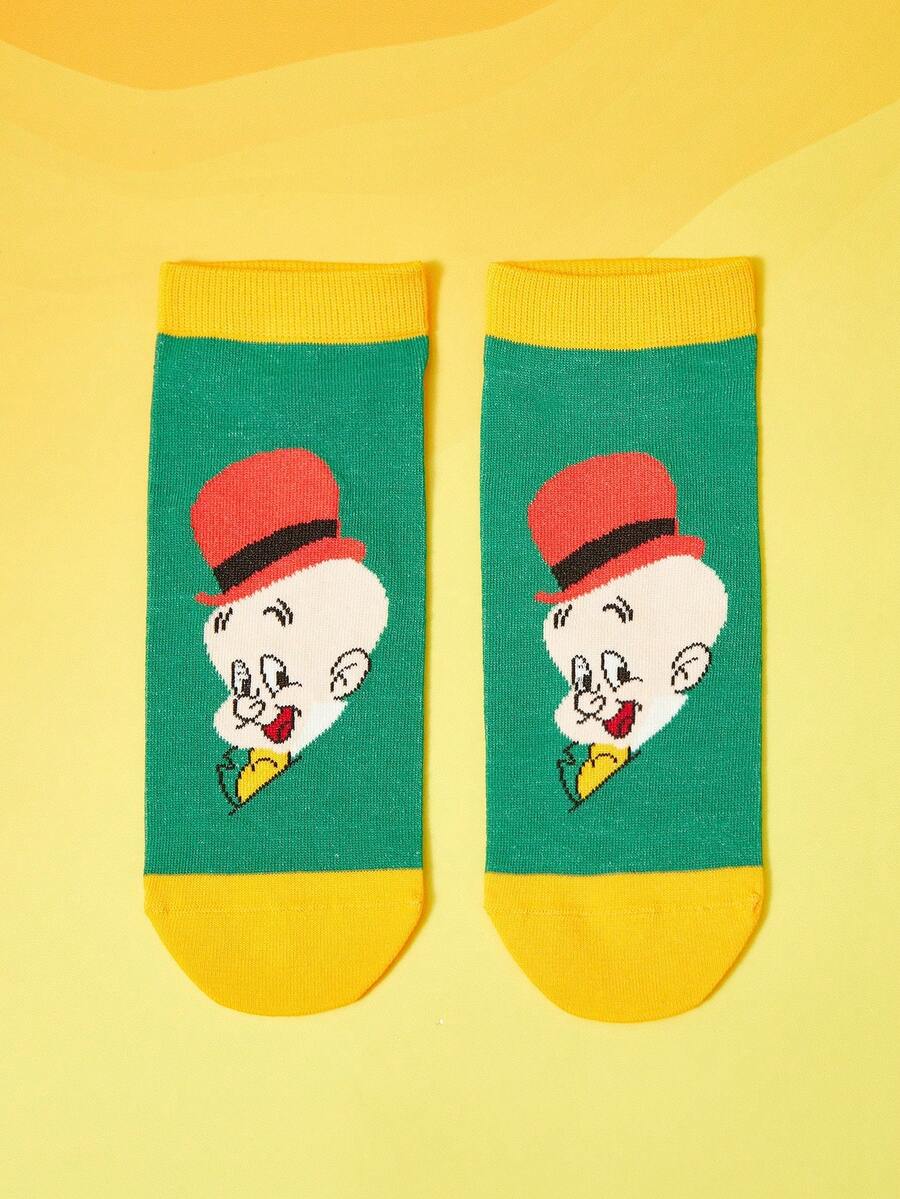 LOONEY TUNES X SHEIN Women's Cartoon Character Pattern Contrast Color Ankle Socks - Green - View 1
