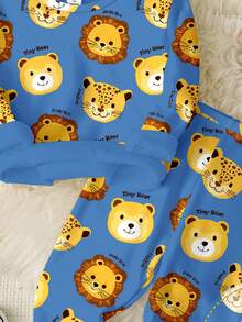 SHEIN Happikins Little Line, Little Tigers, Baby Boy Casual Minimalist Cartoon Lion Print Snug Fit Long Sleeve Crew Neck Pants Loungewear, Suitable For Autumn/Winter - Multicolor - View 3