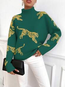 SHEIN Clasi Women's Casual Leopard Print Turtleneck Sweater, Autumn/Winter - Dark Green - View 5