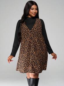 SHEIN PETITE CURVE 大码休闲纯色长袖上衣和豹纹无袖连衣裙两件套，秋季 - 彩色 - 查看 7