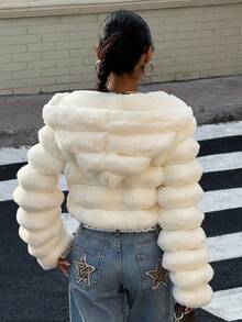 Muchica Women's Fashionable Solid Color Fluffy Hooded Cropped Jacket For Autumn/Winter - White - View 2