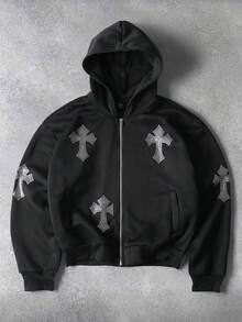 PAVTROS 男士街头风水钻装饰短款连帽卫衣，长袖上衣 - 黑色 - 查看 3