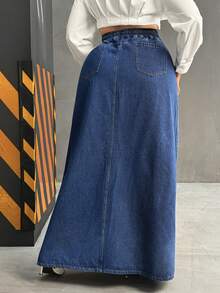 Slaydiva Spring Plus Size Women Cowgirl Style Blue Denim High Slit Skirt With Multiple Pockets, Spring - Dark Wash - View 2