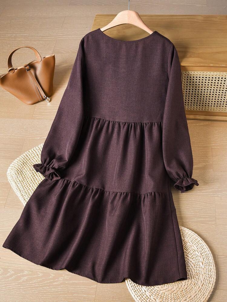 Women's Dark Brown Round Neck Long Sleeve Pleated Casual Midi Dress,Elegant Solid Color Autumn Picnic Dress,Versatile Winter Clothes For New Year