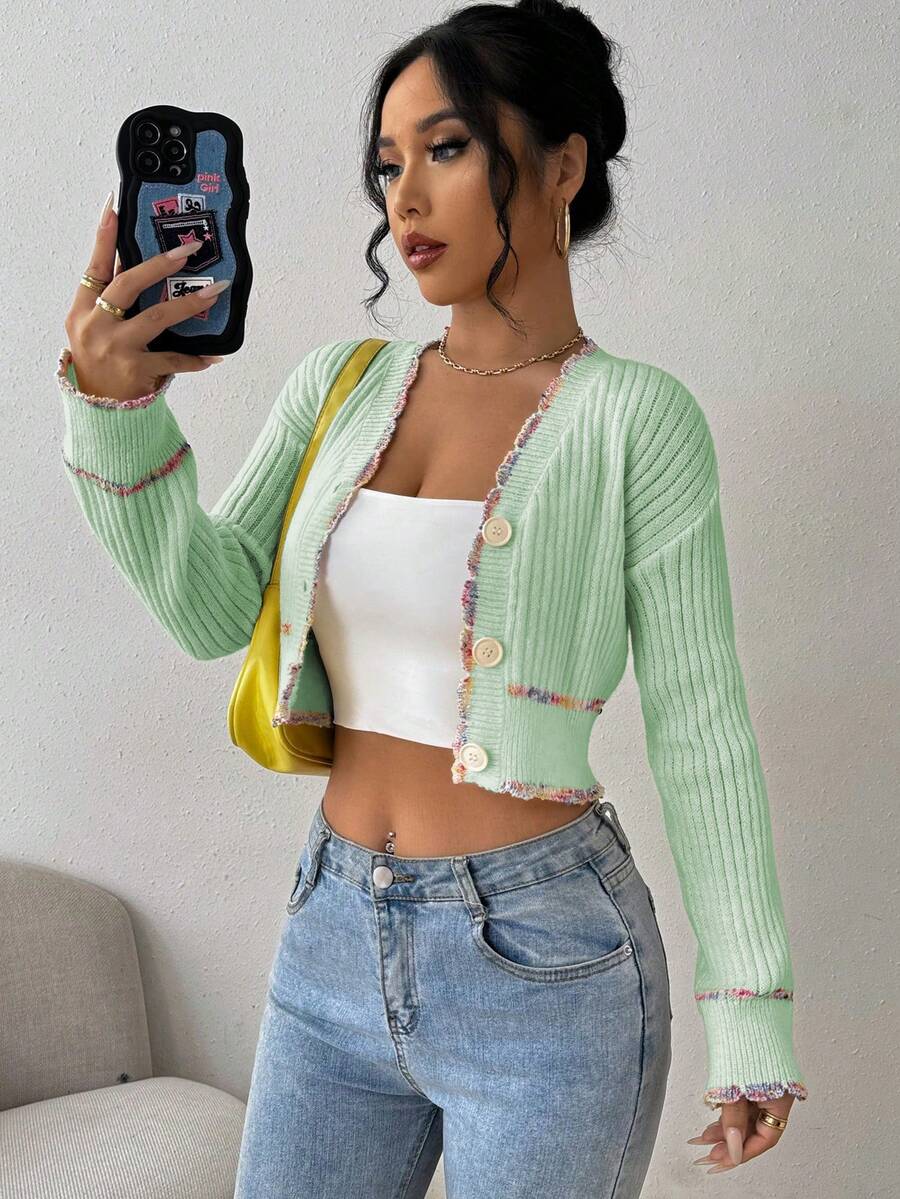 Chiquease 女式优雅撞色饰边纽扣前襟休闲长袖开衫 - 綠色 - 查看 1