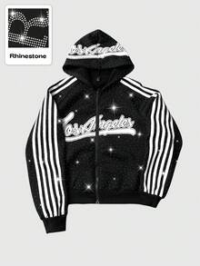 ROMWE MEN 男士休闲水钻拼接条纹拉链连帽运动衫，秋季 - 黑色 - 查看 6