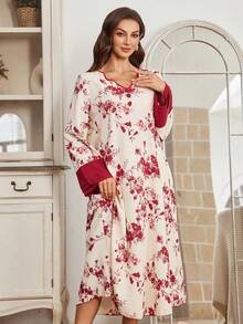 Serenescape Damen Urlaubs-Lässig Farbblock Blume Muster Langarm Nachthemd mit Rüschensaum und Bommel Dekor, geeignet für Frühlings-/Herbstferien