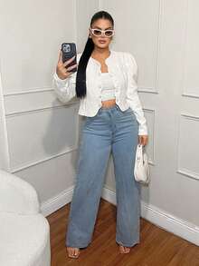 SHEIN SXY Áo khoác ngắn tay lửng vải họa tiết thanh lịch dành cho nữ, màu trơn, thích hợp mặc đi làm và đi chơi - trắng - Xem 5