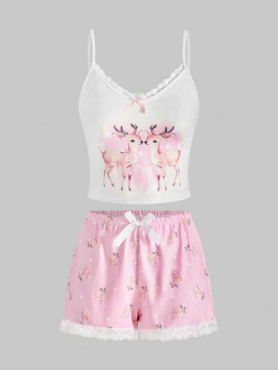 Kawaii Süßes Hirsch-Herz-Spitzen-Camisole & Shorts Pyjama Set