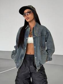 StreetHx 女式休闲水洗拉链落肩牛仔夹克，秋季 - 藍色 - 查看 1