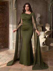 Aureia Vestido de Festa Elegante e Deslumbrante Verde com Stretch para Outono e Inverno, Tweed com Recortes em Chiffon, Gola Assimétrica Plissada, Mangas Longas, Bordado de Computador e Aplicação de Strass, Bainha Sereia com Cauda, Adequado para Jantar, Despedida de Solteira, Encontro, Festa, Feriado, Aniversário, Casamento e Evento Noturno - Verde Militar - Visão 5