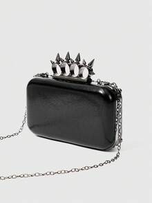 ROMWE Grunge Punk Túi cầm tay dự tiệc dành cho nữ, màu trơn đơn giản với họa tiết đinh tán, thời trang. - Màu đen PU - Xem 4