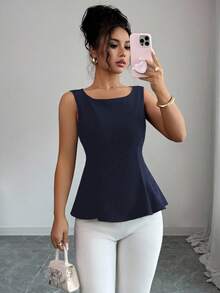 Elenzga Blusa elegante de unicolor con cuello redondo y dobladillo con volantes para uso diario - Azul Marino - Ver 7