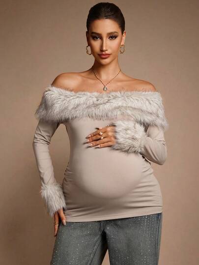 MaterniChic Autumn And Winter Maternity Patchwork Fuzzy Trim Off-Shoulder Fitted Long Sleeve T-Shirt, Autumn