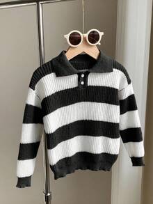 SHEIN 1 件年轻男孩休闲学院风舒适时尚简约实用百搭柔软舒适宽松条纹 Polo 衫适合生日派对、聚会、表演适合儿童服装年轻男孩衣服学校返校男孩套装日常适合上学适合旅行适合运动适合秋冬季 - 黑色 - 查看 3