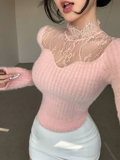 DAZY Autumn/Winter Brushed Fluffy Mock Neck Lace Mesh Patchwork Pink Slim Fit Blouse, Suitable For Party, Back To School, New Year, Christmas, Long Sleeve Women T-Shirt