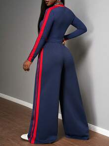 Slaydiva 2025 Automne et Hiver Nouveau Ensemble Deux Pièces Casual Slim Fit Bleu Marine et Rouge Ruban Motif Lettre Col Rond Manches Longues T-Shirt + Pantalon Fuselé à Taille Haute et Jambes Larges Plissé. Convient pour la rentrée scolaire, les tenues de rave, Halloween, Noël, sortie, tenue d'anniversaire, brunch pour femmes, soirée, tenues quotidiennes, tenues de club sexy pour femmes, rendez-vous - bleu indigo - Voir 3