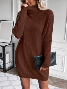 EMERY ROSE Vestido de suéter de punto suelto de manga larga de murciélago con cuello alto de unicolor para mujer, otoño/invierno - Óxido marrón - Ver 5