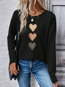 SHEIN LUNE 女士心形印花基本款长袖T恤，秋冬新品 - 黑色 - 查看 5