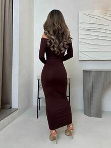 Jemour Solid Off Shoulder Bodycon Dress - Chocolate Brown - View 2
