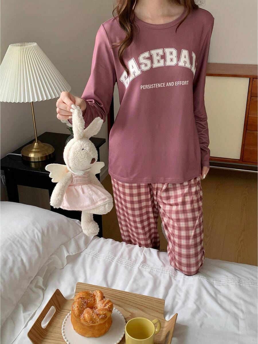 少女休闲字母格子印花柔软舒适两件套家居服套装,长袖睡衣,青少年长袖睡衣套装,女士睡衣套装,格子睡裤 - 咖啡棕 - 查看 1