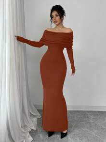 Selianne Off Shoulder Fitted Strapless Fishtail Maxi Sweater Dress, Suitable For Valentine's Day - Orange - View 6