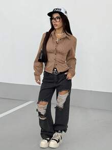 StreetHx 女式复古合身条纹衬衫 - 棕色 - 查看 6