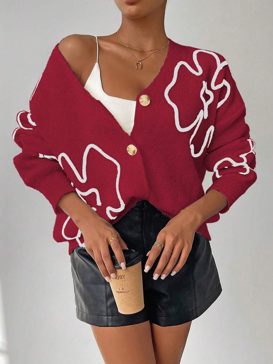 Chiquease Cardigan Wanita Bermotif Bunga, Modis untuk Musim Gugur/Dingin - Merah - View 1