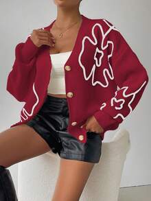 Chiquease Cardigan Wanita Bermotif Bunga, Modis untuk Musim Gugur/Dingin - Merah - View 5