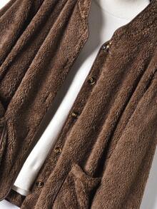 Rusticease 女式纯色长袖羊毛夹克，带口袋和前纽扣，百搭保暖，适合冬季穿着 - 藕粉色 - 查看 3