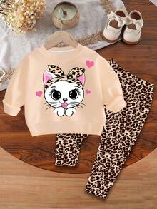 Emery Rose Kids Emery Rose Kids Bộ 2 quần áo nỉ dài tay cổ tròn in hình mèo hoạt hình dễ thương và da báo cho bé gái, phù hợp cho mùa thu/đông - Nhiều màu - Xem 2