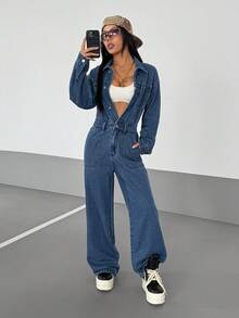 StreetHx Women's Casual Washed Denim Long Sleeve Jumpsuit Denim Jumpsuits Denim Outfit Women Jean Outfits Sets For Women Jean 2 Piece Set 2 Piece Denim Sets Woman - Blue - View 8