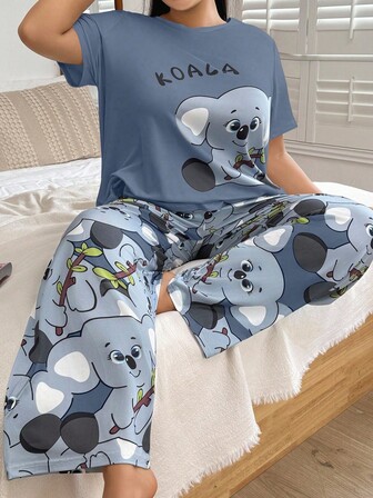 SHEIN Plus Size Gray Milk Silk Knit Koala Print Short Sleeve Pajama Set Koala Pajamas Set Cartoon Pajamas Women Bear Pajamas