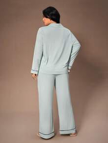 Lazeform Ensemble de pyjama grande taille doux et agréable à la peau, en tricot côtelé, style décontracté à la française, confortable. Vêtements d'automne et d'hiver - Vert menthe - Voir 2