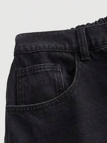 SHEIN CURVE+ 大码休闲水洗高腰阔腿牛仔裤 - 黑色 - 查看 3