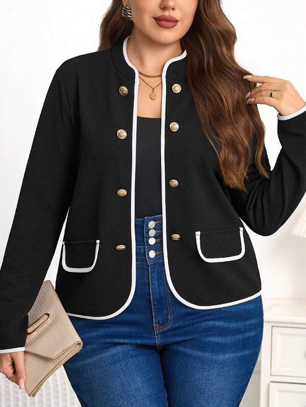 EMERY ROSE Chaqueta con ribete de contraste negra para mujer talla grande, otoño/invierno