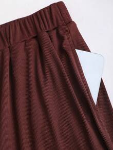 Sweetra 2pcs Women Solid Color Lace Patchwork Asymmetrical Shoulder Long Sleeve T-Shirt And Pants Set - Brown - View 8