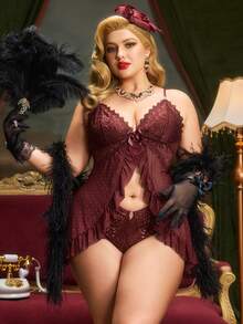 SHEIN Slumberist Plus Size Women 2 Pieces Set: Lace Patchwork Diamond Mesh Camisole Top + Sexy Lace Pajama Pants - Maroon - View 1