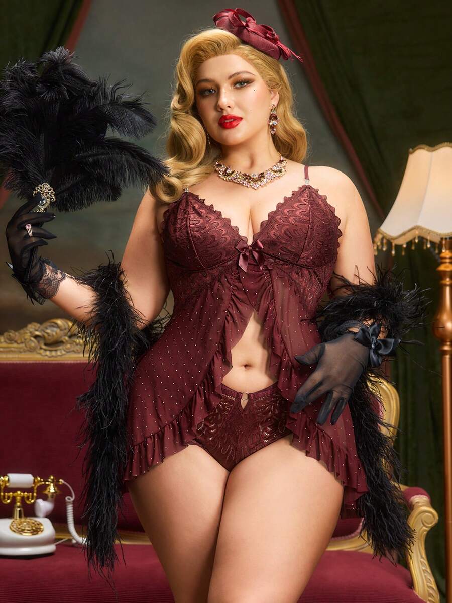 SHEIN Slumberist Plus Size Women 2 Pieces Set: Lace Patchwork Diamond Mesh Camisole Top + Sexy Lace Pajama Pants - Maroon - View 1