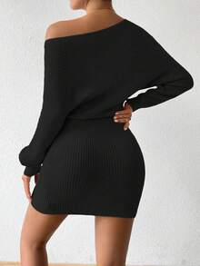 Elenzga Autumn/Winter New Solid Color Cinched Waist Bodycon Knit Dress - Black - View 2