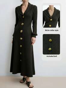 SHEIN Stylify 优雅V领套头仿门襟金属纽扣针织连衣裙，军绿色，适合通勤，秋冬 - 綠色 - 查看 3